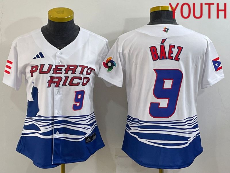Youth 2023 World Cub Puerto Rico #9 Baez White MLB Jersey4
